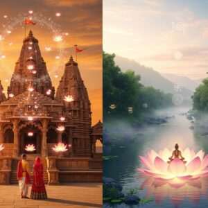 Two serene landscapes juxtaposed: On the left, Pali, Rajasthan, with its grand temples and desert landscape, featuring intricate carvings and sandstone architecture, under a golden sunset sky. A traditional Indian couple in vibrant, flowing attire stands in front of a richly adorned temple, surrounded by delicate mandala patterns and glowing lotus flowers. On the right, Pali, Maharashtra, showcasing lush greenery and sacred sites, under a soft, pastel dawn light. A calm river flows through the scene, with a spiritual aura, featuring a meditating figure on a large lotus flower. The art style is hyperrealistic with surreal elements, emphasizing spirituality and the cultural richness of both destinations.