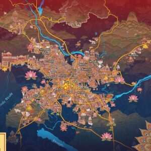 A vibrant and detailed map of Pali, Rajasthan, showcasing its geography with a modern digital aesthetic. The map is adorned with intricate patterns inspired by traditional Indian art forms like Madhubani, with cultural motifs such as mandalas and lotus flowers subtly integrated into the design. The background features a gradient of deep maroon transitioning to peacock blue, symbolizing the rich heritage of Rajasthan. Key locations are highlighted with soft glowing lights, and the borders are accented with gold and saffron hues. The overall scene is serene and ethereal, offering a surreal yet informative visual journey into the heartland of Rajasthan. The image should exude tranquility and mindfulness, with a harmonious blend of tradition and modernity.