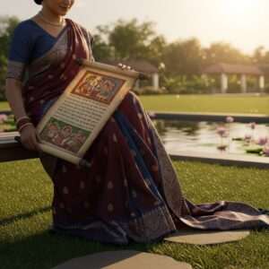 A serene and ethereal scene depicting an Indian woman in a peaceful garden setting, seated on a traditional wooden bench, elegantly dressed in a vibrant saree of maroon and peacock blue. She is gracefully holding a traditional Bengali scroll with intricate patterns, surrounded by the soft glow of warm golden light that casts delicate shadows on the lush greenery. The background features a tranquil pond with floating lotus flowers and a soft, pastel-colored sky. The atmosphere is one of mindfulness and learning, emphasizing tranquility and cultural richness. The scene is hyperrealistic with a touch of surrealism, capturing the essence of Bengali heritage in a modern digital aesthetic.