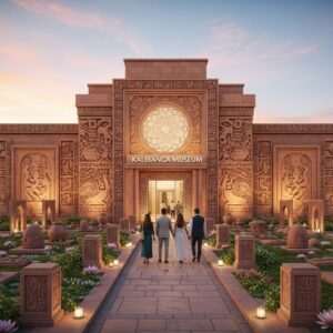 A serene, hyperrealistic depiction of the Kalibanga Museum entrance, blending modern architecture with traditional Indian design elements. The facade features intricate carvings inspired by Harappan motifs and a large, luminous mandala symbol above the entrance. In the foreground, a family of four, dressed in elegant, contemporary Indian attire, approaches the museum with a sense of awe and excitement. They walk through a beautifully landscaped garden adorned with stylized lotus flowers and ancient artifact replicas. Soft, warm lighting bathes the scene, highlighting the rich colors and textures, creating an inviting and culturally rich atmosphere. The sky is painted with pastel hues, evoking a sense of wonder and anticipation for their cultural journey.