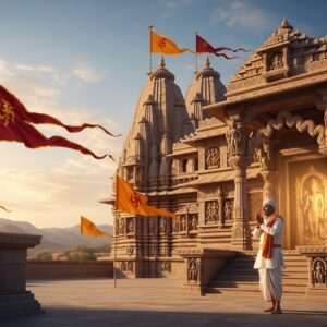 A serene, ethereal depiction of a pilgrim standing at the entrance of the sacred Mehandipur Balaji Temple in Dausa, Rajasthan. The temple is intricately detailed, with traditional architectural elements like ornate carvings and towering spires, all bathed in soft, warm golden light that reflects the early morning sun. The pilgrim, an Indian man in traditional attire, stands in awe, hands folded in prayer, his face illuminated by the divine glow emanating from the temple. Surrounding the scene are vibrant maroon and saffron-colored flags fluttering in the gentle breeze, and a backdrop of rolling desert hills painted in pastel hues of pink and blue. The atmosphere is tranquil, inviting viewers to embark on a spiritual journey, blending cultural heritage with modern digital aesthetics. The overall tone is hyperrealistic with a touch of spirituality and mindfulness.
