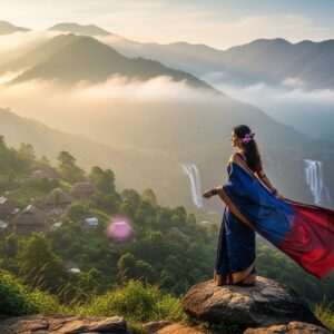 A serene, ethereal scene of the Khasi Hills during a tranquil sunrise. In the foreground, an Indian woman in a flowing, elegant saree of peacock blue and maroon stands gracefully on a rocky outcrop, gazing over the lush, mist-covered landscape. Her hair flows softly in the breeze, adorned with lotus flowers. Behind her, layers of hills are bathed in a gentle golden glow, with ethereal clouds floating above. The scene is dotted with traditional Khasi huts and cascading waterfalls, creating a peaceful harmony with nature. The art style is hyperrealistic yet surreal, featuring soft glowing lights and pastel hues to evoke tranquility and mindfulness.