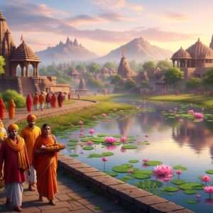 A serene, ethereal landscape of Pali, featuring a panoramic view of ancient temples and spiritual sites nestled among lush greenery and rolling hills. The foreground shows a tranquil river with soft, glowing reflections of the temples. The sky is painted with pastel hues of dawn, casting a gentle light over the scene. Intricate patterns of lotus flowers float on the river's surface, adding a touch of traditional Indian art. A group of Indian pilgrims in traditional attire is seen walking along a path leading to the temples, carrying offerings. The overall atmosphere exudes tranquility, spiritual heritage, and an invitation to embark on a sacred journey. The art style is hyperrealistic with modern digital aesthetics, emphasizing deep colors and intricate details.