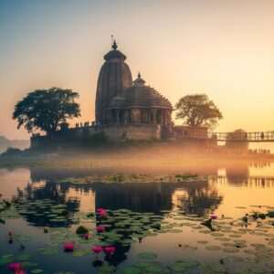 A serene depiction of the Dhabaleswar Temple, nestled on an island surrounded by the tranquil waters of the Mahanadi River. The temple is adorned with intricate carvings, reflecting the rich cultural heritage of Odisha. In the foreground, pilgrims are seen crossing the hanging bridge, their silhouettes illuminated by the soft, warm glow of the setting sun. The scene is enveloped in an ethereal mist, with lush greenery and vibrant lotus flowers surrounding the temple. The lighting is gentle and peaceful, casting a golden hue over the entire landscape, capturing the essence of a spiritual journey. The art style should be hyperrealistic with a touch of surrealism, emphasizing tranquility and spirituality.
