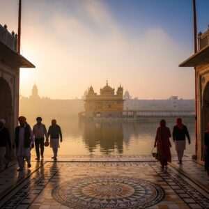 A serene, hyper-realistic depiction of the Golden Temple at dawn, bathed in soft, golden light reflecting off the temple's gilded surfaces. The temple stands majestically in the center of the scene, surrounded by calm, reflective waters creating a mirror-like effect. The sky is a blend of pastel blues and warm golds, with gentle morning mist adding an ethereal quality. In the foreground, intricate patterns reminiscent of traditional Indian art are subtly incorporated into the architecture of Heritage Street, guiding the viewer's eye toward the temple. Indian pilgrims in traditional attire walk peacefully along the street, their silhouettes softly illuminated by the morning light. The overall atmosphere is tranquil and inviting, capturing the spiritual essence of a pilgrimage while showcasing the harmonious blend of heritage and modernity.