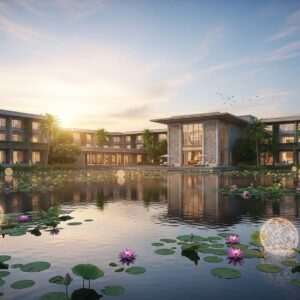 A serene, ethereal landscape in Pali, India, featuring a luxurious modern resort nestled among lush greenery and tranquil water bodies. The resort blends traditional Indian architectural elements with sleek, contemporary designs. In the foreground, a calm water surface reflects the resort's elegant facade, surrounded by blooming lotus flowers. Soft pastel hues of sunrise paint the sky, casting a warm, golden glow over the scene. Gentle, glowing mandalas float subtly in the air, adding a spiritual touch. The setting exudes peace and tranquility, inviting readers to imagine themselves immersed in a harmonious retreat experience. The overall aesthetic should be hyperrealistic, combining digital innovation with cultural heritage.