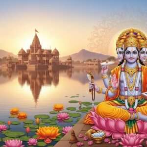 A serene, ethereal depiction of the Pushkar Temple under a golden sunrise, nestled among tranquil waters reflecting its majestic form. In the foreground, a beautifully adorned Brahma with four heads and four hands, each holding the Vedas, a water pot, a rosary, and a lotus flower. The scene is enriched with intricate patterns and cultural motifs like mandalas and lotus flowers, rendered in deep colors like saffron and maroon. The atmosphere is infused with soft glowing lights and pastel hues, creating a peaceful and spiritual ambiance. The background features an expansive landscape of Rajasthan with soft desert sands and distant hills, capturing the essence of this rare and sacred site in a modern digital aesthetic.