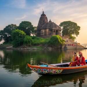 A serene, ethereal depiction of the Dhabaleswar Temple nestled on an island in the Mahanadi River, surrounded by lush greenery and tranquil waters. The temple is adorned with intricate carvings, capturing the essence of traditional Indian architecture. The scene is bathed in the soft glow of dawn, with pastel hues of pink, blue, and gold reflecting on the calm river surface. In the foreground, a beautifully crafted boat, with an Indian couple dressed in vibrant traditional attire, is gently gliding towards the temple, adding a sense of adventure and spirituality to the image. The atmosphere is peaceful and inviting, promising an unforgettable journey. The art style is hyperrealistic with a touch of digital fantasy, ensuring a captivating and immersive experience for the viewer.