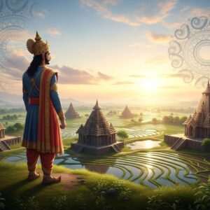 An ethereal depiction of the Ahom Empire's rise: an intricately detailed scene with a majestic Indian warrior king, dressed in elaborate traditional Ahom attire, standing atop a lush, verdant hill. The king, with regal features, is gazing towards a vast kingdom sprawling into the horizon. The landscape features ancient Assam architecture with ornate temples and sprawling rice fields under a serene, pastel sky. The scene is illuminated by a soft, warm glow, with golden hues highlighting the richness of the empire. The backdrop features stylized, abstract motifs inspired by traditional Assamese art, seamlessly blending with a modern digital aesthetic. The atmosphere evokes a sense of grandeur, ambition, and historical significance.