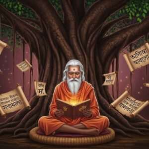 A serene and ethereal scene featuring a wise Indian sage sitting cross-legged under a large, ancient banyan tree. The sage, with an aura of tranquility, is engrossed in reading a sacred Sanskrit manuscript glowing softly in his hands. Surrounding him are ethereal, translucent scrolls with Sanskrit and Bengali scripts gently floating in the air. The background showcases a harmonious blend of deep maroon and peacock blue, with glowing mandalas and lotus flowers subtly integrated into the scene. A soft, warm light envelops the sage, creating an atmosphere of spiritual enlightenment and wisdom. The art style is a fusion of traditional Indian motifs with modern digital aesthetics, capturing the essence of sacred knowledge and cultural heritage.