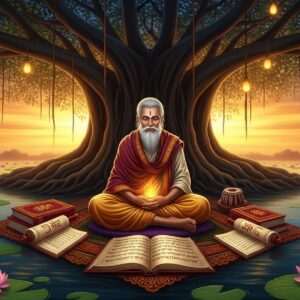 A serene, ethereal scene depicting an ancient Indian scholar sitting cross-legged under a large, majestic banyan tree with soft, glowing lights filtering through the leaves. The scholar is dressed in a traditional dhoti and shawl in shades of gold and maroon, with a calm and wise expression. In front of him are ancient Sanskrit scripts and Bengali prayer scrolls, intricately detailed with traditional patterns and symbols, emanating a soft, mystical glow. Around him, ethereal, pastel-colored lotus flowers float on a calm water surface, and a gentle breeze creates a ripple effect. The background showcases a beautiful blend of deep peacock blue and saffron sky at dawn, symbolizing spiritual awakening. The entire scene has a surreal and peaceful atmosphere, emphasizing tranquility and the rich cultural heritage of sacred scripts.