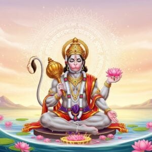 An ethereal, serene depiction of Lord Hanuman sitting cross-legged in deep meditation, surrounded by a glowing, intricate mandala with Bengali script patterns. He is depicted with a serene expression, four arms - one holding a gada (mace), another holding a lotus, and two in a blessing gesture. The backdrop is a tranquil landscape with soft glowing lights, pastel shades of pale pink and warm gold. Lotus flowers and gentle waves of calm water surface enhance the spiritual atmosphere. The scene conveys harmony and mindfulness, blending traditional Indian art styles with modern digital aesthetics to captivate and invite readers into the article.