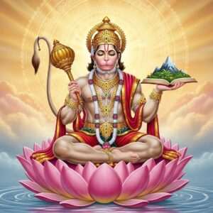 A serene and ethereal depiction of Lord Hanuman, with a powerful yet calm expression, seated in a meditative pose on a lotus flower. His body is adorned with golden ornaments and a traditional maroon dhoti. In each of his four hands, he holds significant objects: a gada (mace) in the top right hand, a scripture in the bottom left hand, a mountain with herbs in the top left hand, and his bottom right hand raised in blessing. Surrounding him are softly glowing mandalas and luminous, pastel-colored clouds that create a surreal atmosphere. The background is a tranquil blend of warm gold and soft blue hues, with gentle ripples of water reflecting light at his feet. The scene captures the essence of devotion and spirituality, inviting the viewer into a moment of peace and introspection.