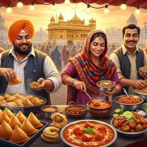 A bustling scene of Amritsar's Heritage Street, filled with colorful food stalls showcasing a variety of traditional Indian dishes. The vendors, dressed in vibrant Punjabi attire, are animatedly serving delicious street food like crispy samosas, rich butter chicken, and spicy chaat. The background features the iconic Golden Temple, shimmering in the warm glow of the setting sun. The street is adorned with strings of fairy lights and cultural decorations, creating a festive atmosphere. The image has a hyperrealistic quality with intricate details, such as the textures of the food and the expressions of joy and hospitality on the vendors' faces. The colors are rich and inviting, with deep saffron, maroon, and peacock blue hues, reflecting a blend of heritage and modern digital aesthetics.