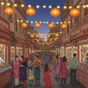 A vibrant and bustling street scene of Amritsar's Heritage Street, filled with traditional food stalls showcasing rich, colorful displays of Indian delicacies such as samosas, jalebis, and kulchas. The street is lined with unique, quaint shops selling traditional handicrafts and fabrics, their storefronts adorned with intricate Pattachitra and Madhubani patterns. In the foreground, a group of Indian families and tourists, dressed in modern yet culturally inspired attire, are eagerly tasting the food and examining the shop items. The atmosphere is lively and festive, with strings of glowing lanterns hanging above, casting a warm golden light on the scene. The art style merges traditional Indian aesthetics with a modern digital touch, capturing the essence of a vibrant cultural exploration.