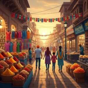 A vibrant scene of Amritsar's Heritage Street bustling with life. Indian families and tourists stroll along the street, which is adorned with colorful traditional shops selling spices, fabrics, and handmade crafts. The architecture blends historic and modern elements, with intricate carvings and bright neon signs. Street vendors offer steaming hot dishes like chole bhature and jalebis, their aromas filling the air. The setting sun casts a golden glow, enhancing the deep reds and peacock blues in the scene. Traditional cultural motifs are subtly integrated into the shop facades and street decor, creating a lively, inviting atmosphere. The art style is hyperrealistic with a touch of digital modernity, capturing the essence of tradition and innovation coexisting.
