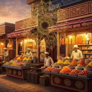 In a bustling Amritsar street scene, vibrant and lively with traditional Indian stalls, a diverse array of colorful spices and sweets are beautifully arranged, exuding rich scents. Capture the golden glow of the evening light reflecting off saffron and maroon-hued stalls adorned with intricate patterns. Indian vendors, dressed in traditional attire, invite with warm smiles. A golden mandala subtly overlays the scene, adding a touch of serenity amidst the lively market hustle. The atmosphere is infused with warmth and cultural richness, seamlessly blending tradition with a contemporary digital aesthetic. The overall tone is inviting, encouraging exploration and cultural appreciation.