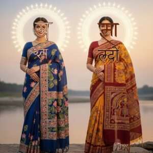 An ethereal scene depicting two elegant Indian women, one representing the Bengali script and the other the Hindi script. They stand gracefully in a serene, surreal landscape where traditional Indian art forms merge with modern digital aesthetics. The woman on the left, symbolizing Bengali script, wears a saree in shades of peacock blue and gold, adorned with intricate Madhubani patterns and lotus motifs. The woman on the right, representing Hindi script, is dressed in a saree of saffron and maroon, with Pattachitra-inspired designs and Hindu spiritual symbols. Both women are surrounded by softly glowing mandalas, symbolizing unity and harmony. In the background, a gentle river flows, reflecting pastel hues of soft blue and pale pink under a tranquil sky, enhancing the spiritual and peaceful ambiance. The lighting casts a warm golden glow, highlighting the cultural richness and modern elegance of the scene.