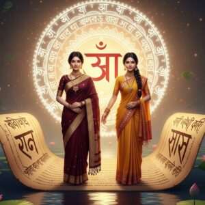 A serene and harmonious illustration depicting two Indian women representing the Bengali and Hindi scripts. The woman on the left is dressed in a traditional Bengali saree in deep maroon with intricate gold embroidery, while the woman on the right wears a Hindi-inspired attire in rich saffron with delicate patterns. They are standing on a vast, ancient script scroll that unfurls between them, symbolizing their linguistic connection. Above them, a glowing mandala with intertwined Sanskrit and Devanagari motifs radiates soft pastel lights, creating an ethereal ambiance. Lotus flowers and calm water surfaces surround them, emphasizing tranquility and unity. The scene has a photo hyper-realistic quality with a modern digital aesthetic, blending traditional Indian art forms with contemporary style. The lighting is gentle, with warm golden hues illuminating their serene expressions, inviting readers into a world of cultural exploration and understanding.