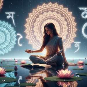A serene and ethereal depiction of a young Indian woman immersed in the art of learning, surrounded by an intricate tapestry of glowing mandalas and delicate lotus flowers. She sits cross-legged on a calm water surface, her expression focused and serene. The scene is illuminated by soft, pastel-colored lights in hues of pale pink, soft blue, and warm gold. Around her, translucent, abstract symbols float gently, hinting at the Bengali alphabet without being literal. The atmosphere conveys a sense of tranquility and mindfulness, inviting viewers into a world of cultural exploration and learning. The art style is hyperrealistic with a touch of surrealism, capturing the blend of tradition and modernity.