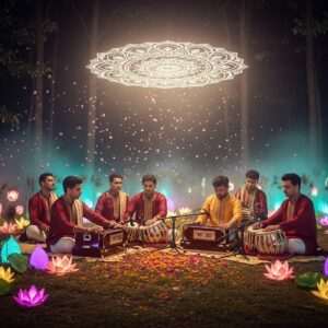 A serene, ethereal scene depicting a group of Indian musicians seated in a tranquil forest clearing. They are playing traditional instruments like the harmonium and tabla, surrounded by glowing lotus flowers and peacock feathers. Soft pastel lights illuminate the scene, creating a warm and inviting atmosphere. Above them, a large, intricate mandala floats gently in the air, casting a peaceful glow. The musicians wear traditional attire in rich shades of maroon, saffron, and peacock blue, adorned with delicate gold jewelry. The image has a dreamlike quality, with gentle mist and floating petals adding to the spiritual ambiance. The focus is on capturing the essence of devotion and celebration, highlighting the harmonious blend of traditional and modern aesthetics.