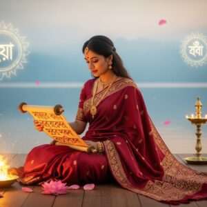 In a serene, ethereal setting, an Indian woman sits gracefully on a wooden floor surrounded by glowing mandalas and softly floating lotus petals. She is dressed in a flowing maroon saree with intricate golden embroidery, adorned with delicate gold jewelry. Her hair cascades elegantly down her back as she focuses intently on an ancient scroll in her lap. The scroll, gently illuminated by a warm, golden light, displays intricate Bengali script with hints of Sanskrit mantras. The background features a calm water surface reflecting pastel hues of soft blue and pale pink, enhancing the tranquil atmosphere. The scene has a hyperrealistic, surreal quality, blending traditional Indian art with modern digital aesthetics, inviting the viewer to explore the spiritual depth of script and mantra.