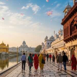 An ethereal scene of Amritsar Heritage Street bathed in the soft, golden glow of early morning light. The iconic Golden Temple is visible in the distance, reflecting in the calm, serene waters surrounding it. Traditional Indian architecture lines the path, with intricate carvings and vibrant colors of saffron, maroon, and peacock blue. Indian pedestrians, dressed in modern yet traditional attire, walk gracefully along the street, exuding a sense of peace and spirituality. The sky is a pastel hue of soft blues and pale pinks, dotted with gently floating lotus petals. The overall atmosphere is serene and welcoming, inviting viewers to embark on their spiritual journey.