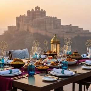 A serene, ethereal landscape featuring the majestic Chittorgarh Fort in the backdrop, bathed in the soft, warm glow of the setting sun. In the foreground, a luxurious, modern dining setup with elegant, contemporary Indian design elements. The dining table is adorned with traditional Indian cuisine delicacies, presented artistically. Surrounding the scene are intricately designed lanterns emitting a gentle, golden light, and subtle patterns of lotus flowers and mandalas embedded into the decor. The atmosphere is tranquil and inviting, with a blend of modern luxury and cultural heritage, enticing readers to explore the offerings near this historic site. The color palette features rich maroons, golds, and peacock blues, creating a harmonious blend of tradition and modernity.