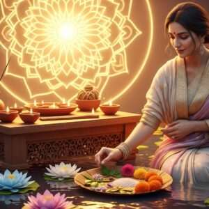 A serene Indian woman dressed in a flowing, ethereal pastel saree with intricate golden patterns, gracefully arranging eco-friendly puja items on a beautifully carved wooden altar. The items include earthen diyas, organic incense sticks, and a biodegradable offering plate adorned with vibrant flowers and leaves. In the background, a large glowing mandala softly illuminates the scene, casting a warm, inviting glow. Soft, pastel-colored lotus flowers float on a calm water surface, adding to the tranquility. The art style is hyperrealistic with modern digital aesthetics, capturing the essence of sustainable spirituality with an emphasis on mindfulness and harmony.