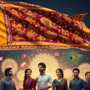 An intricately designed Tuluva flag fluttering gracefully against a serene, ethereal backdrop. The flag features rich, deep colors like saffron and maroon with intricate patterns inspired by traditional Indian art forms. Below the flag, a tranquil scene unfolds with a group of Indian individuals, dressed in modern attire, engaging in an animated conversation. They are surrounded by glowing mandalas and cultural motifs such as lotus flowers and peacock feathers. The scene is bathed in soft, warm lighting that enhances the spiritual and cultural essence. The art style is hyperrealistic, blending heritage with modern digital aesthetics, capturing the essence of Tuluva identity and pride.