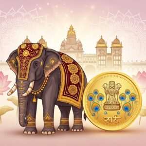 A majestic Indian elephant adorned with intricately designed gold and maroon traditional Indian motifs, standing proudly in front of a backdrop of an ancient Mysore palace. The elephant symbolizes the state animal, embodying strength and heritage. Beside it, a golden coin bearing the emblem of the Mysore kingdom is subtly illuminated, featuring peacock blue and saffron patterns reminiscent of the region's currency. The scene is enveloped in a soft, ethereal glow with pastel hues of pale pink and warm gold, adding a serene and spiritual aura. Intricate mandalas and lotus flowers subtly enhance the background, merging tradition with modern digital aesthetics to captivate the viewer's attention with its harmonious blend of history and art.