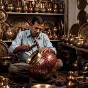 A masterful depiction of an Indian Thathera craftsman, surrounded by a workshop filled with shining brass and copper utensils. The artisan is skillfully working on a large brass pot, his hands steady and focused, while the intricate patterns on the metal surface reflect the deep colors of maroon and gold. The setting is infused with soft, warm lighting that highlights the rich textures and hues of the metals. In the background, shelves are adorned with beautifully crafted items, each showcasing traditional designs with a modern twist. The craftsman’s expression is one of deep concentration and pride, embodying the rich heritage and innovation of the Thathera craft. The atmosphere conveys a sense of timeless tradition seamlessly blended with contemporary aesthetics, inviting viewers into this fascinating world.