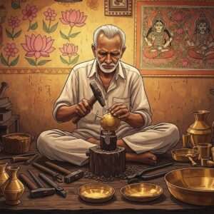 An intricately detailed scene of an Indian artisan from the Thathera community, deeply focused on crafting a traditional brass utensil. The artisan, an elderly man with wisdom etched into his features, is seated in a workshop filled with a warm, golden glow. He is surrounded by an array of traditional metal tools and shining brassware. The background is adorned with an elegant blend of Madhubani and Pattachitra patterns, showcasing cultural motifs like lotus flowers and mandalas in rich colors like saffron and peacock blue. The air is thick with an ethereal quality, as soft pastel lights gently illuminate the space, casting serene reflections on the metallic surfaces. The atmosphere is tranquil and spiritual, embodying the deep heritage and skilled craftsmanship of the Thathera community. The art style is hyperrealistic with a touch of digital aesthetics, blending tradition with modernity.