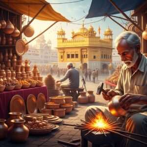 A vibrant and bustling Thathera market scene, capturing the essence of copper craftsmanship from Amritsar to Jaipur. The foreground features a skilled Indian artisan, an elderly man with a gentle smile, meticulously hammering a beautiful, intricately patterned copper vessel. Around him, the market is alive with activity, showcasing gleaming copper wares like pots, plates, and intricate ornaments. Stalls are adorned with traditional motifs and rich colors such as saffron, maroon, and peacock blue. The background reveals the distinct architectural elements of both Amritsar and Jaipur, with elements like the Golden Temple’s facade and Jaipur's palatial arches. The scene is bathed in warm, golden sunlight, reflecting off the copper items, creating a serene yet lively atmosphere. The art style is hyperrealistic with a touch of digital fantasy, emphasizing cultural heritage and modern aesthetics.