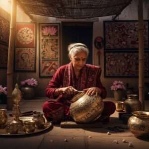 A serene and ethereal image depicting an Indian artisan working meticulously on a traditional Thathera brassware piece. The artisan is surrounded by a harmonious blend of traditional Indian art forms like Madhubani and Pattachitra patterns, infused with modern digital aesthetics. Rich colors such as maroon and peacock blue dominate the scene, with intricate motifs of lotus flowers and mandalas subtly integrated into the background. The artisan, adorned in traditional Indian attire, is depicted in a state of focused tranquility, illuminated by soft, glowing lights that create a warm and inviting atmosphere. The art style is hyperrealistic with surreal elements, capturing the blend of heritage and innovation that defines the Thathera craft.
