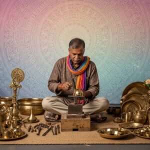 A serene Indian artisan, deeply focused, crafting a traditional brass utensil using age-old techniques. He is seated on a wooden platform surrounded by intricate brassware, with tools meticulously arranged around him. The background features an ethereal glow with soft pastel colors, highlighting a large, intricate mandala symbolizing cultural depth and diversity. The artisan's attire is traditional yet modern, blending heritage with contemporary aesthetics. The scene captures the essence of craftsmanship with a touch of surrealism, emphasizing the importance and beauty of cultural preservation across languages. The lighting is gentle and warm, creating a harmonious and inviting atmosphere.