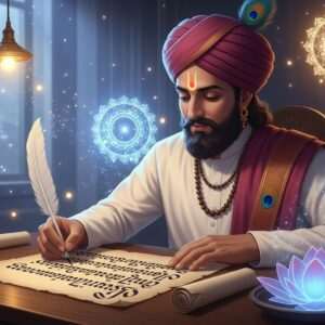 A serene, ethereal scene featuring an Indian man with a calm and focused expression, embodying Mahadev Desai. He is seated at a traditional wooden desk, surrounded by soft glowing lights and pastel hues of soft blue and warm gold. His hand gracefully moves across a sheet of parchment with a quill pen, creating intricate and flowing calligraphy. The background showcases elements like glowing mandalas and lotus flowers, blending traditional Indian motifs with modern digital aesthetics. The atmosphere exudes tranquility and mindfulness, with subtle hints of maroon and peacock blue in his attire, embodying a fusion of heritage and innovation. The art style is hyperrealistic with surreal elements, capturing the enchanting allure of his handwriting.