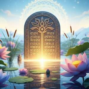 A serene, ethereal scene featuring an intricately carved ancient stone tablet, partially submerged in a tranquil, lotus-filled pond. The tablet is adorned with beautiful, stylized engravings reminiscent of ancient scripts, subtly hinting at the Bengali alphabet's roots. Soft glowing lights illuminate the tablet, casting a gentle golden aura. Surrounding the scene are large, vibrant lotus flowers and delicate reeds swaying in a gentle breeze. The color palette includes pastel hues of soft blue, pale pink, and warm gold, creating a surreal and spiritual ambiance. In the background, a dreamlike horizon with softly glowing mandalas adds depth and intrigue. The art style is hyperrealistic with a modern digital aesthetic, emphasizing tranquility and a sense of discovery.