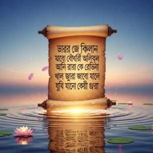 A serene, ethereal landscape showcasing an ancient scroll made of glowing parchment, unfurled and floating gently above a calm water surface. On the scroll, intricate, interwoven patterns and symbols representing the Bengali, Sanskrit, Assamese, and Odia scripts are subtly embossed, illuminated by a soft, warm golden light. Surrounding the scroll, delicate lotus flowers and gentle ripples create an aura of tranquility. The scene is set under a starlit sky with pastel hues blending into the horizon, highlighting the connection between these scripts. The art style should be hyperrealistic with a spiritual essence, capturing the viewer's attention with its delicate beauty and cultural richness.