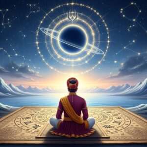 A serene and mystical scene depicting an Indian astrologer sitting cross-legged on a large, ancient astrological chart. The chart is intricately detailed with traditional Indian patterns and symbols, including the twelve Rashi signs. The astrologer, adorned in traditional attire with subtle gold and maroon accents, is surrounded by a soft, ethereal glow. In the sky above, Saturn (Shani) looms large with a ring of shimmering stars and celestial bodies, casting a gentle blue and gold light over the scene. The background features a surreal landscape with gently flowing cosmic waves and pastel-colored constellations. The atmosphere is tranquil and spiritual, inviting the viewer to explore the cosmic blueprint of their Rashi and the influences of Shani Sade Sati.