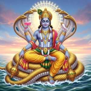 In the center of a vast cosmic ocean, Anantashayana Vishnu is depicted in serene repose atop the infinite serpent, Ananta. Vishnu, with a calm and divine expression, has four arms; one holding a lotus, another a conch shell, the third a mace, and the fourth a discus. His skin is a deep, ethereal blue, adorned with intricate golden jewelry and a crown. Around him, the cosmic waters shimmer with soft pastel hues of pink and blue, reflecting the serene glow of distant stars. Below, Ananta coils elegantly with golden scales shimmering in the celestial light. Above Vishnu, a glowing mandala radiates, symbolizing cosmic balance and eternity. The scene exudes tranquility and divinity, combining traditional symbolism with modern digital artistry for a captivating and spiritual image.