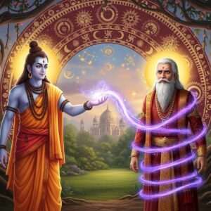In a mystical, ethereal scene, depict Shukracharya, the wise and powerful sage, standing with an air of authority. He is garbed in flowing saffron robes, adorned with traditional Indian jewelry and his third eye prominently glowing on his forehead, symbolizing his wisdom. Next to him is King Yayati, aged prematurely, with long white hair and a beard, wearing royal attire that reflects his regal past. His expression is a mix of surprise and contemplation. The background features intricate patterns of mandalas and celestial symbols in rich maroon and gold hues. A surreal glow emanates from Shukracharya's hand as he bestows the curse, with tendrils of mystical energy swirling around Yayati. The scene is set against a backdrop of lush greenery with hints of a royal palace in the distance, under a sky tinged with the pastel colors of dawn, reflecting both the spiritual and mythical nature of the story. The overall art style is a harmonious blend of traditional Indian art and modern digital aesthetics, emphasizing a sense of intrigue and ancient wisdom.