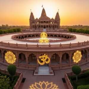A serene depiction of Om Ashram in Pali, featuring its expansive, circular architectural design inspired by the sacred symbol of 'Om'. The structure is set amidst lush greenery, with intricate patterns and motifs reminiscent of traditional Indian art forms. In the background, a beautifully ornate Jain temple rises, showcasing its majestic spires and detailed carvings that highlight spiritual themes. The scene is bathed in soft, warm golden light that enhances the ethereal and spiritual atmosphere. Rich colors like deep maroon, saffron, and peacock blue bring the architecture to life, with subtle glowing mandalas and lotus motifs seamlessly blending tradition with modern digital aesthetics. The overall tone is tranquil, inviting, and spiritually uplifting, capturing the essence of divine architecture.
