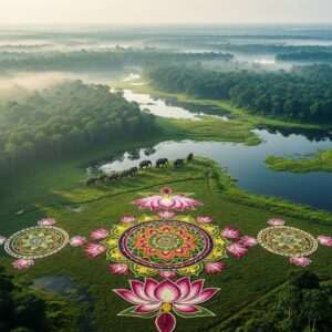 A breathtaking aerial view of the Dibru-Saikhowa Biosphere Reserve, capturing its lush, dense forest canopy merging seamlessly into serene water bodies. The scene is bathed in soft, ethereal light, with a gentle mist enveloping the landscape. In the foreground, vibrant, intricate patterns of native flora are interwoven with cultural motifs like lotus flowers and mandalas, representing the fusion of natural beauty and cultural heritage. A herd of Indian elephants can be seen in the distance, moving gracefully through the forest. The color palette includes rich greens, blues, and touches of warm gold to reflect the tranquil and spiritual essence of the reserve. The overall composition evokes a sense of harmony, mindfulness, and awe for nature’s resilience and transformation.