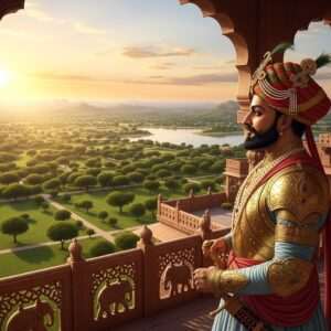 A regal scene depicting the grandeur of the Gahlot Dynasty, with a majestic Indian king clad in intricate golden armor and a richly adorned turban, standing proudly atop a traditional Rajput fort balcony. The background reveals an expansive landscape with lush greenery and a serene lake under a soft, pastel-hued sky. Traditional Indian motifs like peacock feathers, elephants, and lotus flowers are subtly integrated into the design, enhancing the cultural depth. The lighting is ethereal, casting a golden glow on the scene, symbolizing the dynasty's enduring legacy. This composition seamlessly blends traditional Indian art with modern digital aesthetics, creating a captivating and historically rich visual narrative.