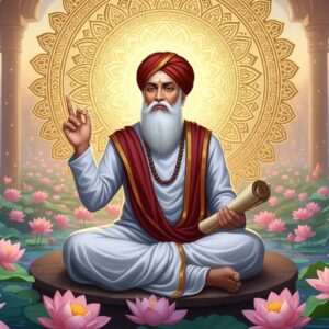 An Indian scholar dressed in traditional 19th-century attire, with a long white dhoti and a maroon angarkha, sitting peacefully amidst a serene garden filled with vibrant, blooming lotus flowers. He is depicted with an air of wisdom, holding a scroll in one hand while gesturing with the other as if delivering an inspiring speech. The background features a large, ethereal golden mandala with intricate patterns, symbolizing enlightenment and wisdom. Soft, pastel-colored lights illuminate the scene, casting a gentle glow on his thoughtful expression. The art style is hyperrealistic yet surreal, capturing the essence of spirituality and intellectual enlightenment, blending traditional Indian elements with modern digital aesthetics.