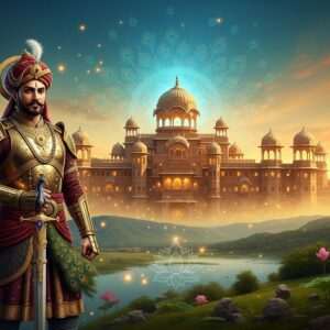 A regal and majestic scene showcasing the Gahlot lineage's Rajput and Kshatriya heritage. In the foreground, a dignified Rajput warrior in traditional attire, adorned with intricate gold and maroon armor, stands proudly. He holds a beautifully detailed sword with a peacock motif, symbolizing valor and heritage. Behind him, a grand palace with exquisite architectural details reminiscent of Rajasthani palaces, complete with ornate carvings and domed rooftops. The sky is a surreal mix of saffron and peacock blue hues, with soft glowing lights illuminating the scene. In the background, a serene landscape with rolling hills and a calm water body, adding to the ethereal and spiritual tone. The image should have a hyperrealistic and modern digital aesthetic, blending cultural motifs like lotus flowers and mandalas subtly into the design. The overall ambiance conveys a sense of pride, history, and timeless heritage.