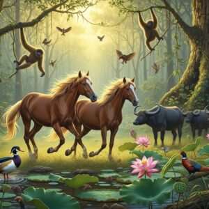 In a lush, ethereal landscape of Dibru-Saikhowa, a group of majestic feral horses stands gracefully amidst verdant greenery, their manes flowing like silk in the gentle breeze. The scene is illuminated by a soft, warm golden light, giving the environment a surreal, dreamlike quality. In the background, the unique wildlife of the sanctuary peeks through the foliage – glimpses of rare birds with vibrant plumage and an assortment of exotic animals harmoniously coexisting. The horses are captured mid-gallop, exuding a sense of freedom and strength. Intricate patterns of leaves and lotus flowers subtly blend into the scenery, enhancing the mystical atmosphere. The art style is hyperrealistic with elements of fantasy, showcasing an idyllic balance between nature and its guardians.
