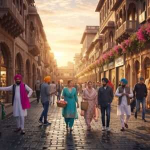 A bustling scene of Amritsar's Heritage Street, alive with vibrant colors and rich cultural elements. The street is lined with beautifully preserved colonial-era buildings adorned with intricate Indian architectural details. Indian men and women, dressed in a fusion of traditional Punjabi attire and modern casual wear, stroll along the cobblestone path. Street vendors display vibrant spices, colorful fabrics, and handcrafted goods. Above, the sky is a serene blue with soft, golden sunlight illuminating the scene. In the background, the iconic Golden Temple is subtly visible, casting a spiritual glow. The art style is hyperrealistic with a modern digital aesthetic, capturing the lively yet peaceful essence of Amritsar's heart.