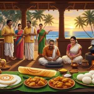 A vibrant and dynamic scene capturing the essence of Tulunad's rich cultural heritage. In the foreground, a traditional Tulu kitchen bustling with activity, showcasing a variety of authentic Tulu dishes such as Neer Dosa, Kori Rotti, and Pundi Gatti, beautifully arranged on banana leaves. The kitchen is adorned with traditional earthen pots and brass utensils, adding an authentic touch. In the background, Tulu people in traditional attire engage in lively conversations, their faces radiating warmth and hospitality. The setting is infused with soft, warm lighting that highlights the intricate patterns of Tulu architecture and the vibrant colors of the attire. A serene coastal landscape can be seen through an open window, with a gentle breeze rustling palm leaves, evoking a sense of tranquility and connection to nature. The overall art style is hyperrealistic with a touch of digital modernity, featuring deep, rich colors and intricate detailing, inviting viewers to immerse themselves in the heart of Tulunad.